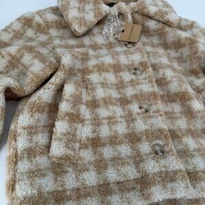 Blu Pepper Teddy Jacket Gingham‎ Check Women Size S Tan White